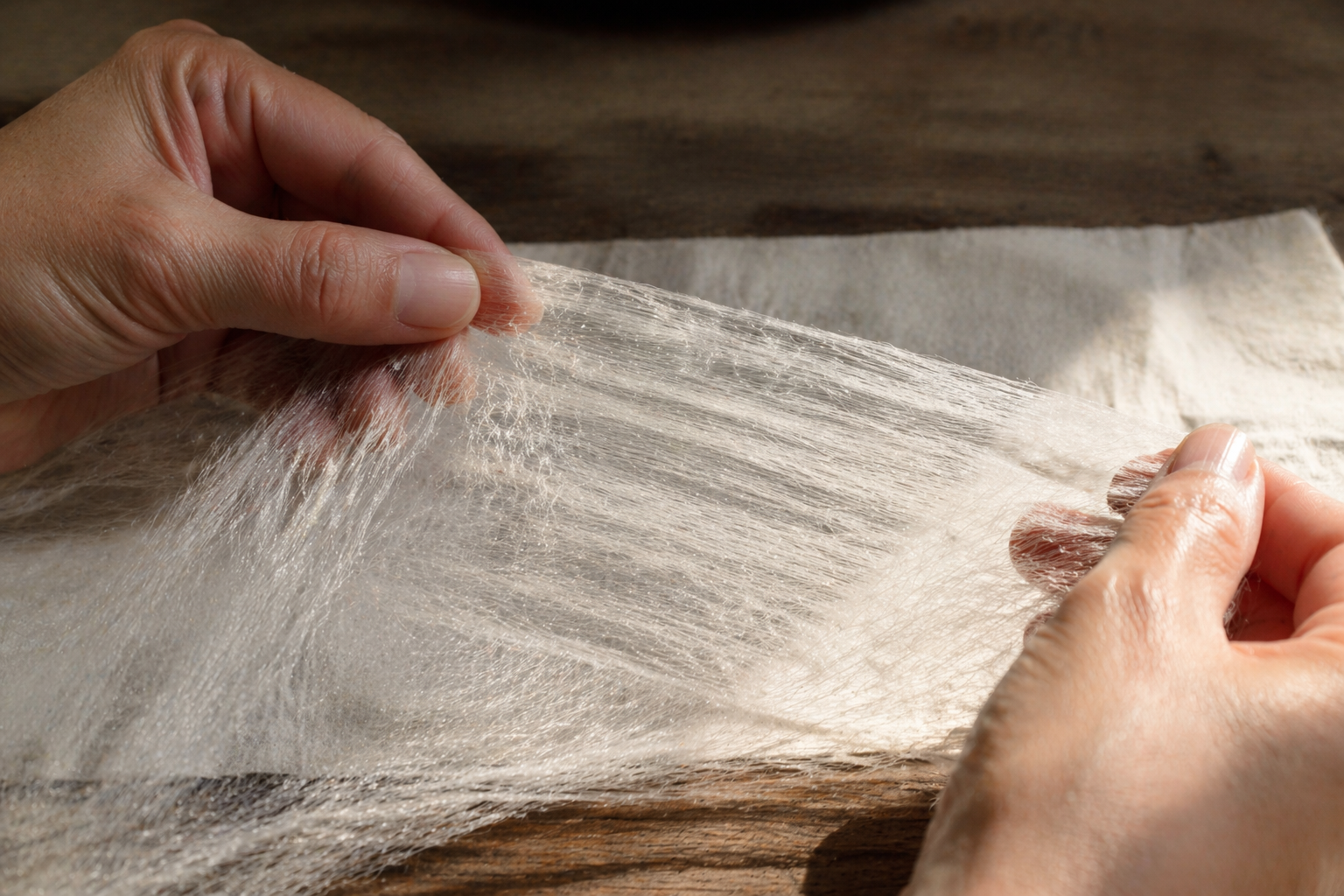 Close-up of handmade mulberry silk fiber drawing process