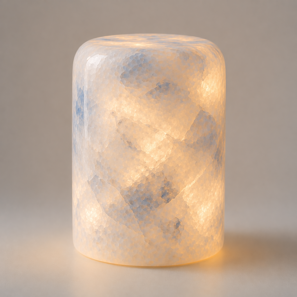 Warm glow through irregular blue-gray sapphire crystal