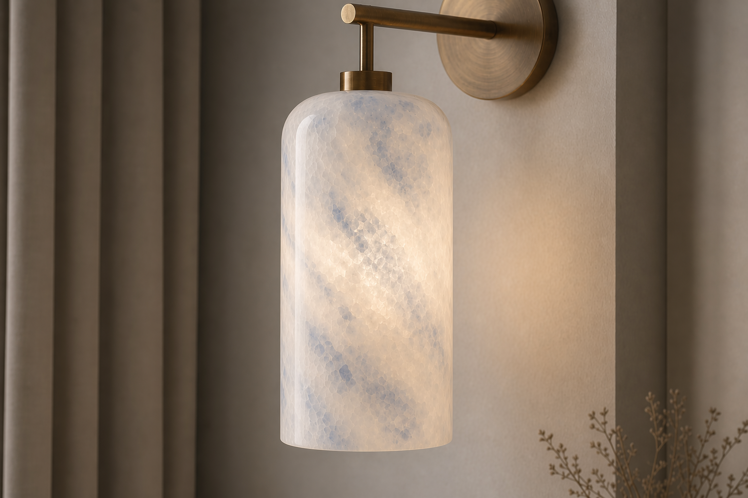 Blue-gray sapphire crystal wall light with warm translucent glow