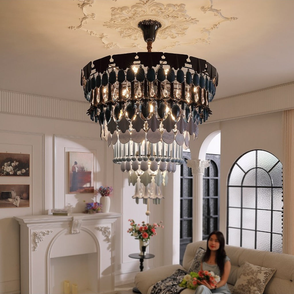 Blue ceramic chandelier in a soft daylight room
