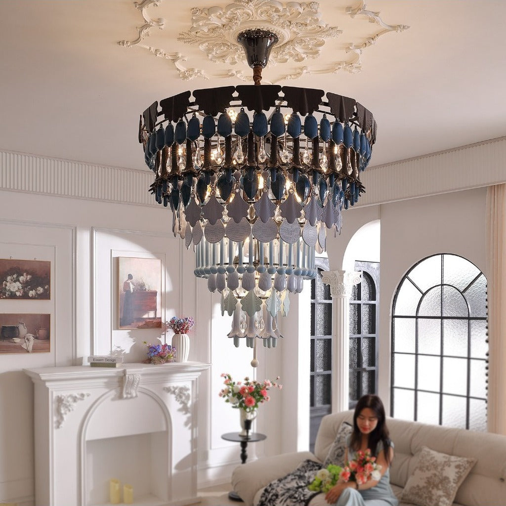 Blue lily ceramic chandelier in a bright living room