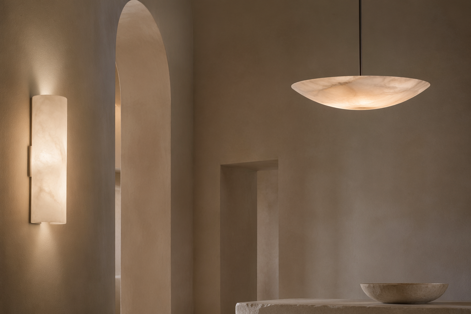 A-grade white snowflake alabaster lighting in a warm interior
